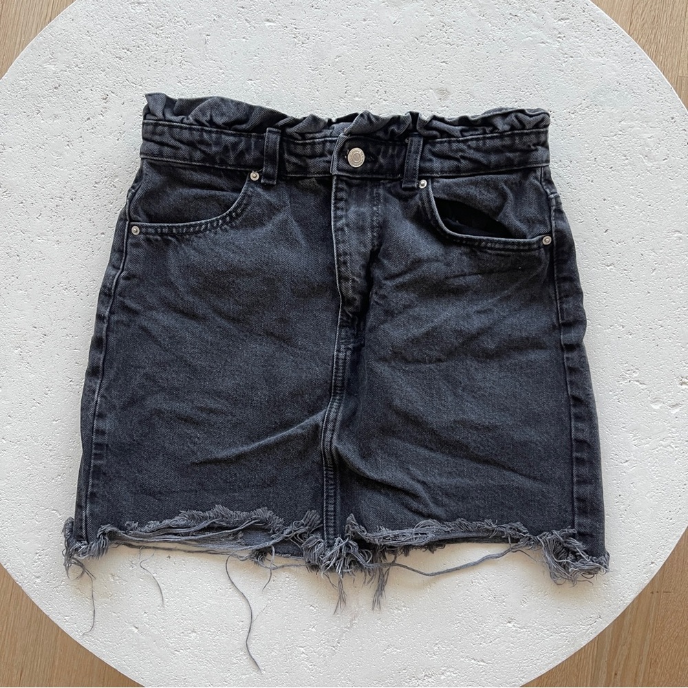 High Rise Distressed Denim Black Skirt Fringed Hem Bershka